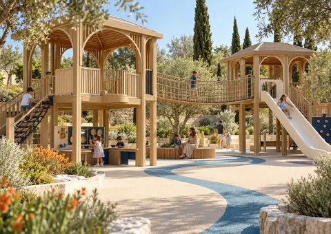 Courtyard of Discovery — original AG Active Play concept visualisation; technical review pending.