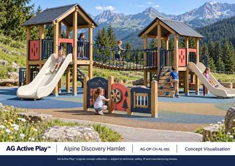 Alpine Villages — original AG Active Play concept visualisation; technical review pending.