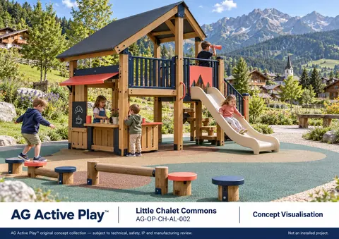 Little Chalet Commons — original AG Active Play concept visualisation; technical review pending.