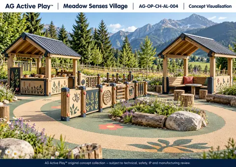 Meadow Senses Village — original AG Active Play concept visualisation; technical review pending.