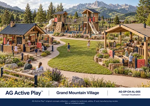 Grand Mountain Village — original AG Active Play concept visualisation; technical review pending.