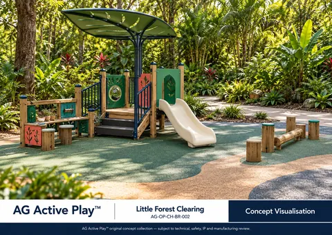 Little Forest Clearing — original AG Active Play concept visualisation; technical review pending.