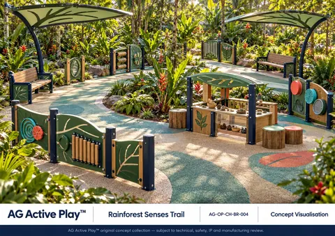 Rainforest Senses Trail — original AG Active Play concept visualisation; technical review pending.