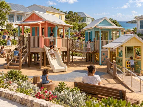 Coastal Discovery Village — original AG Active Play concept visualisation; technical review pending.
