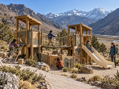 Mountain Discovery Base — original AG Active Play concept visualisation; technical review pending.