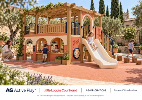 Little Loggia Courtyard — original AG Active Play concept visualisation; technical review pending.