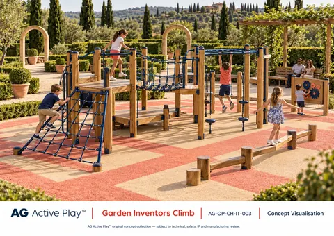 Garden Inventors Climb — original AG Active Play concept visualisation; technical review pending.