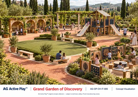 Grand Garden of Discovery — original AG Active Play concept visualisation; technical review pending.