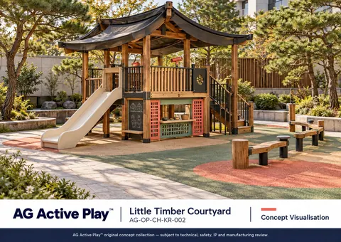 Little Timber Courtyard — original AG Active Play concept visualisation; technical review pending.