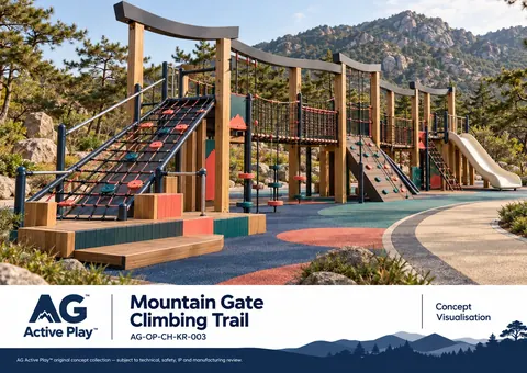 Mountain Gate Climbing Trail — original AG Active Play concept visualisation; technical review pending.