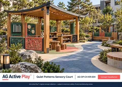 Quiet Patterns Sensory Court — original AG Active Play concept visualisation; technical review pending.