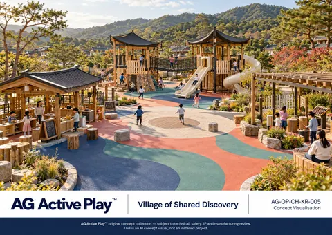 Village of Shared Discovery — original AG Active Play concept visualisation; technical review pending.