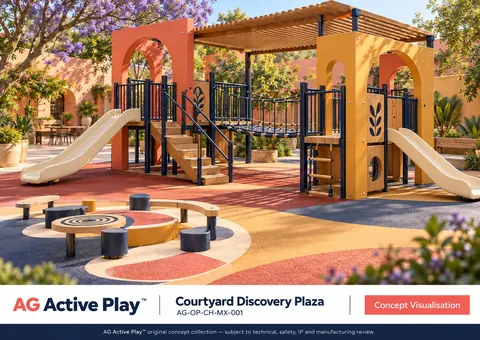 Mexican Courtyards — original AG Active Play concept visualisation; technical review pending.
