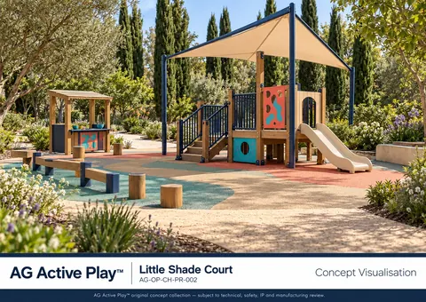 Little Shade Court — original AG Active Play concept visualisation; technical review pending.