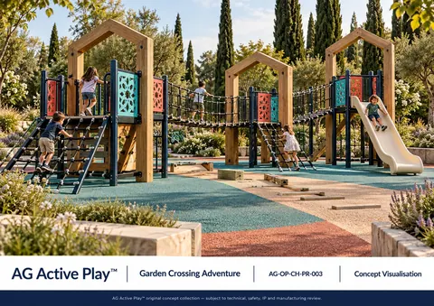 Garden Crossing Adventure — original AG Active Play concept visualisation; technical review pending.