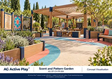 Scent and Pattern Garden — original AG Active Play concept visualisation; technical review pending.