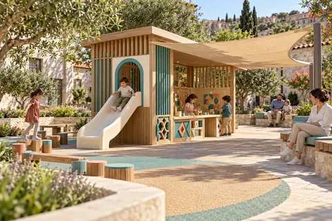Little Makers Courtyard — original AG Active Play concept visualisation; technical review pending.